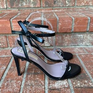 Deltan Black Leather Strappy Black Stiletto Sandals with Bow Women's Size 10